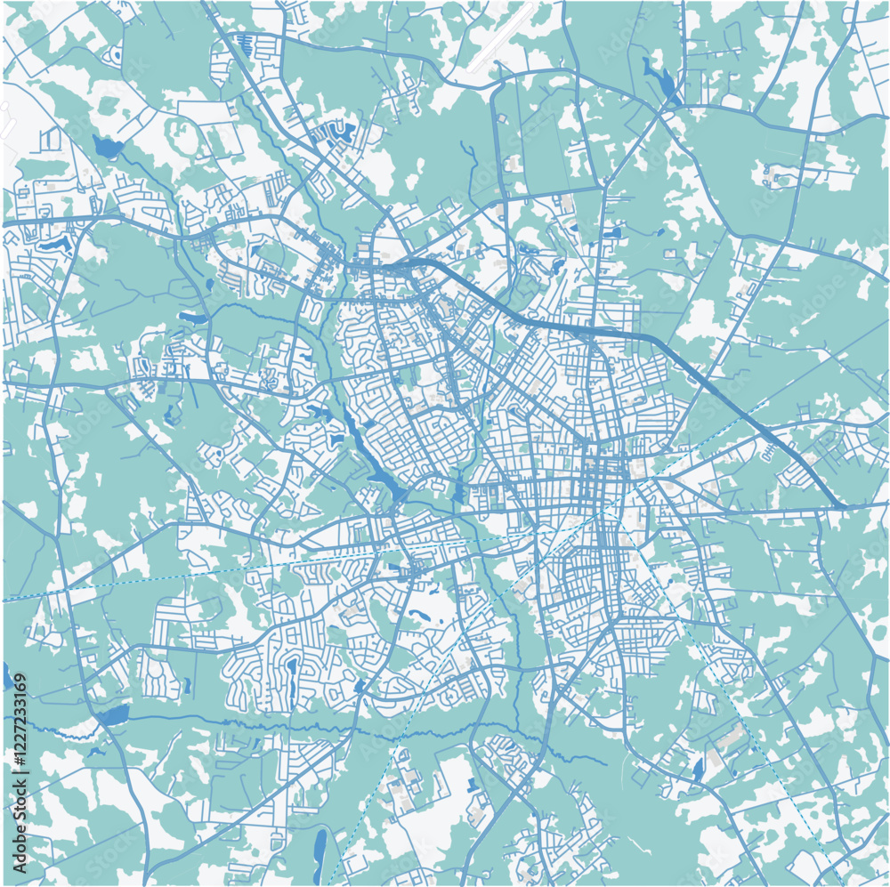 Fototapeta premium Map of Sumter in South Carolina in a professional blue style. Contains layered vector with roads water, parks, etc.