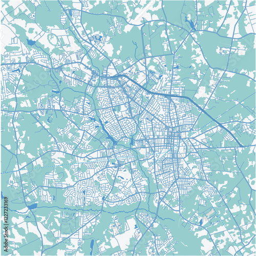 Map of Sumter in South Carolina in a professional blue style. Contains layered vector with roads water, parks, etc.