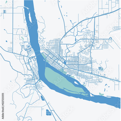 Map of Pierre in South Dakota in a professional blue style. Contains layered vector with roads water, parks, etc.