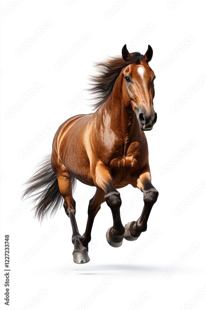 Obraz premium A brown horse is running on a white background. The horse has a long mane and tail, and its legs are spread out. Concept of freedom and energy, as the horse appears to be in motion and enjoying itself