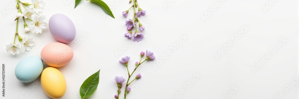 Elegant pastel Easter eggs with blossoms on white background, springtime Elegant pastel Easter eggs with blossoms on white background, springtime