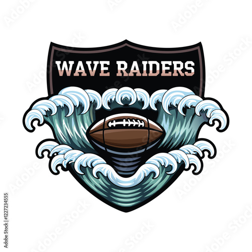 Dramatic ocean waves crashing powerfully around a lone figure, stylized text "Wave Raiders" overlaid.  High contrast, dynamic action.