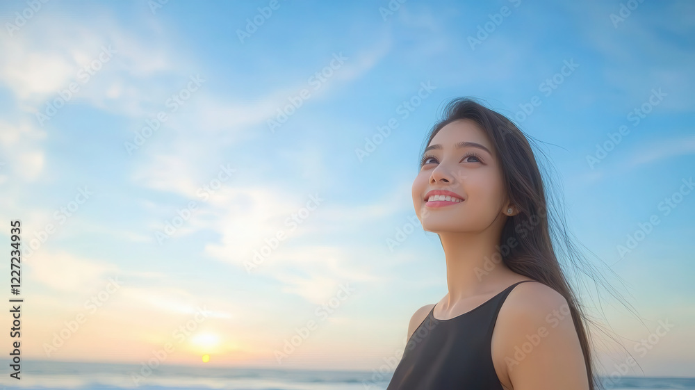 woman smiles joyfully at beach during sunset, with clear sky woman smiles joyfully at beach during sunset, with clear sky