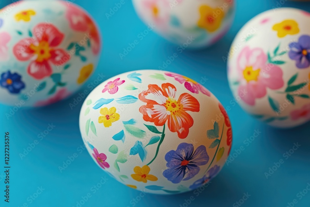 Fototapeta premium A group of painted eggs with flowers on them. The eggs are arranged in a row on a blue background