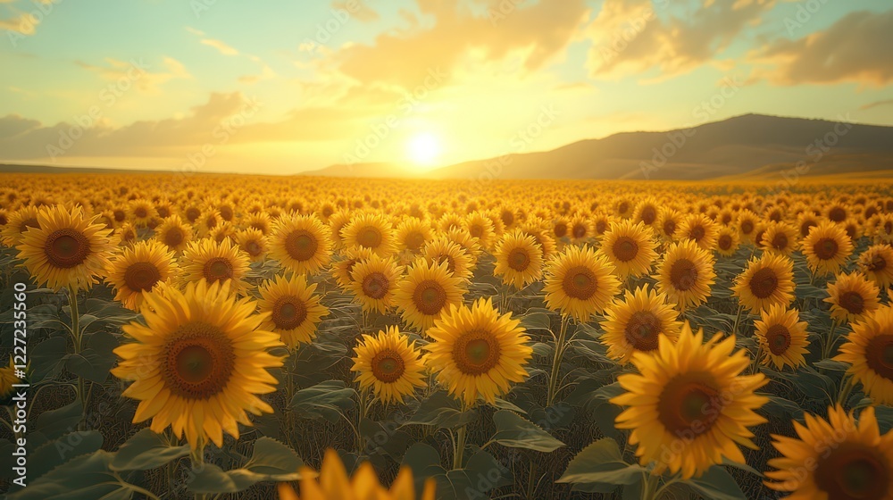 Fototapeta premium Golden Hour Sunflowers: A Serene Sunset Landscape