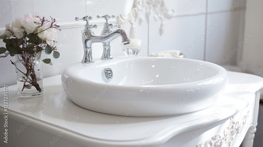 Fototapeta premium Elegant bathroom sink with floral arrangement and stylish faucet set in modern interior design