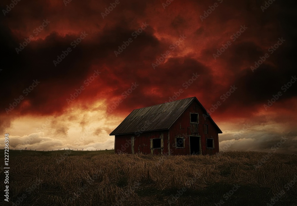 Fototapeta premium Abandoned Red Barn Against Dramatic Dark Clouds and Fiery Sunset in Rural Landscape