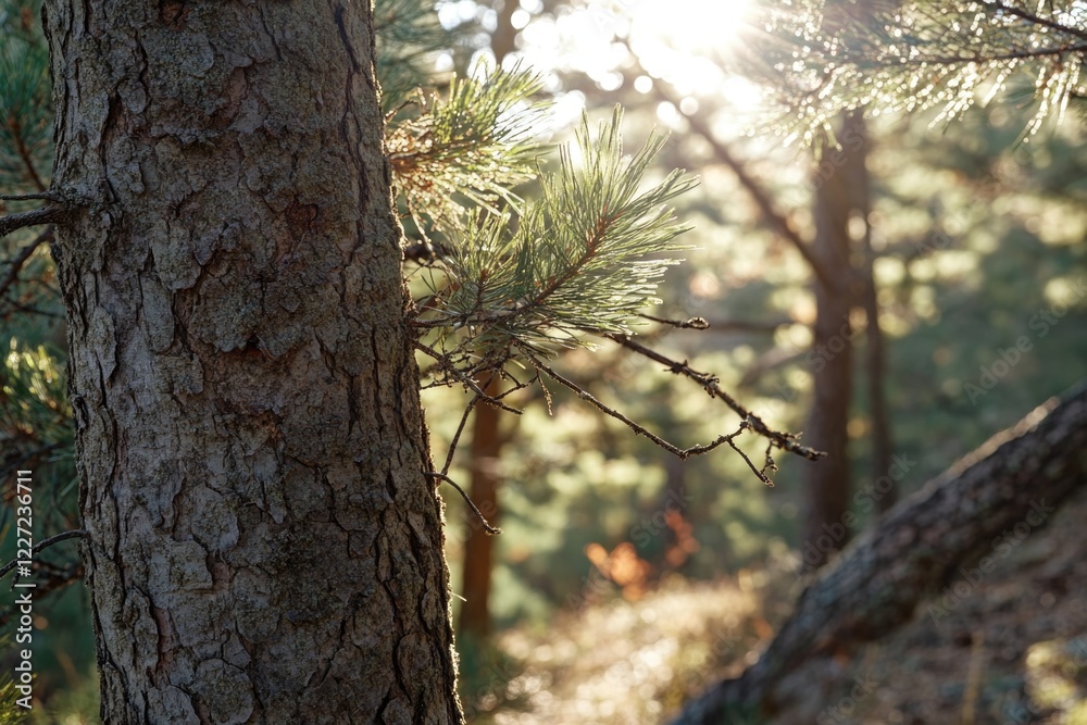 Fototapeta premium A tree trunk with a branch on it. The trunk is brown and the branch is green. The sunlight is shining on the branch, making it look bright and lively