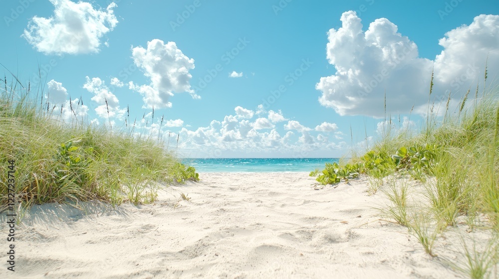 Sandy beach path to turquoise ocean, sunny day, clouds. Vacation travel image Sandy beach path to turquoise ocean, sunny day, clouds. Vacation travel image