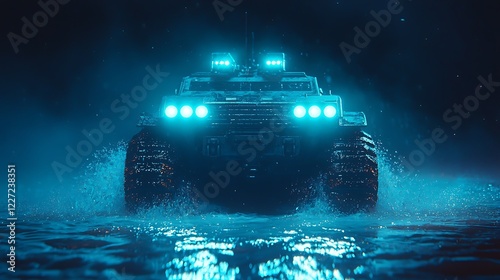 Futuristic Armored Vehicle Drives Through Aquatic Terrain photo