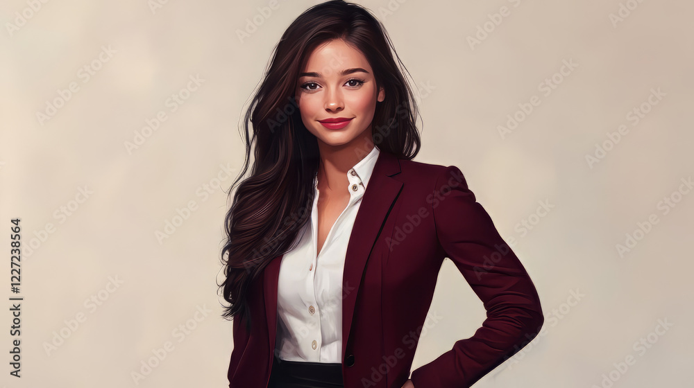 professional woman with long dark brown hair, wearing a burgundy blazer and white blouse professional woman with long dark brown hair, wearing a burgundy blazer and white blouse