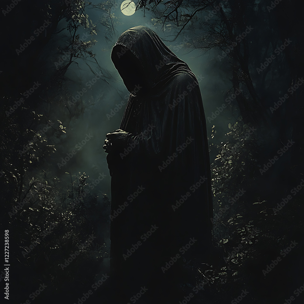 Mysterious hooded figure stands in a dark forest under the moonlight at nighttime Mysterious hooded figure stands in a dark forest under the moonlight at nighttime