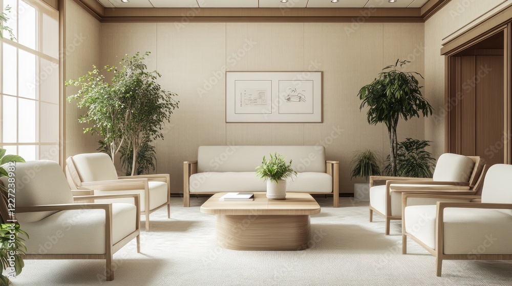 Fototapeta premium A Modern Waiting Area with Minimalist Decor and Natural Light Showcasing Tranquility