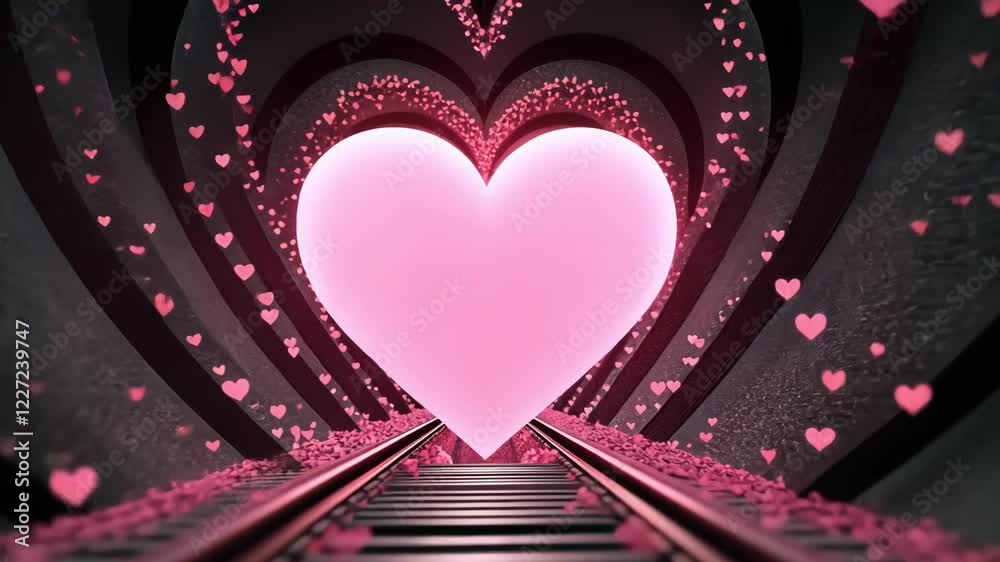 A vibrant pink heart surrounded by swirling hearts in dark tunnel