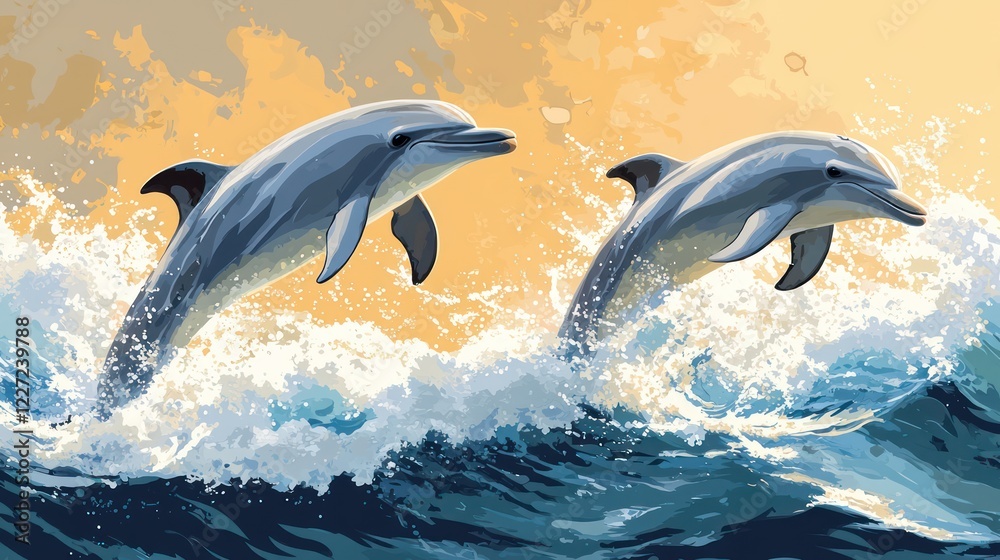 Obraz premium Dynamic Dolphins Leaping Ocean Waves Sunset