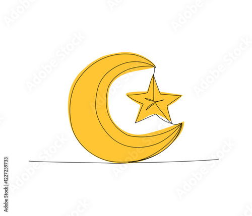 Islamic Symbol, Crescent and star one color line art. Continuous line drawing of online Muslims, Islam, traditions, clothing, folk, oriental.