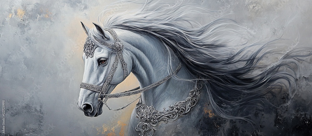 Obraz premium Majestic white horse with flowing mane, fantasy art.