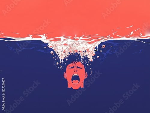 A concept illustration about anger. Negative human emotions - Enraged face drowning in irritation