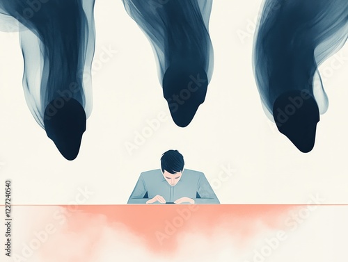 Illustration of a working man with dark shadows attacking him, representing fears and self doubts