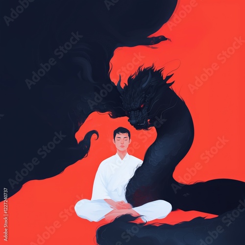 Mental strength stoicism concept with a man fighting his fears and overcoming his weakness.