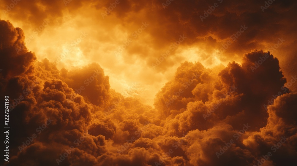 Fototapeta premium Dramatic Golden Sunlight Peeking Through Dark Stormy Clouds at Dusk