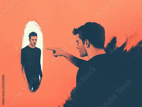 A man condemningly pointing at his reflection in a mirror. Minimalist self-hate and judgement concept