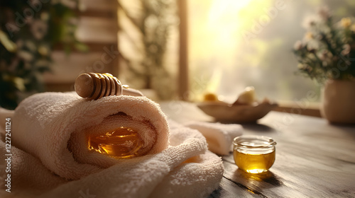 spa scene where a client is wrapped in a warm towel, receiving a nourishing face mask with natural ingredients like honey and aloe vera  photo