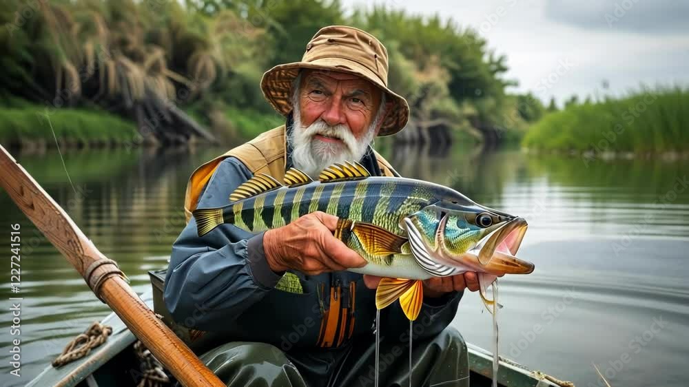An elderly man proudly holds a large striped fish by the water An elderly man proudly holds a large striped fish by the water