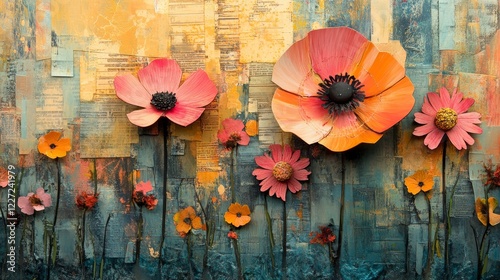 Fototapeta Naklejka Na Ścianę i Meble -  Abstract floral artwork with textured background and vibrant hand crafted paper flowers