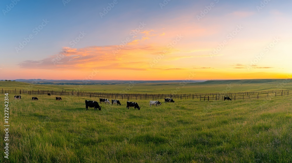 Obraz premium A serene landscape at sunset featuring cows grazing in a lush green field under a colorful sky.