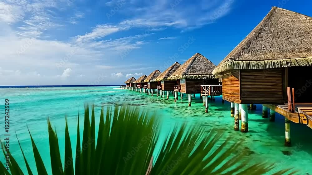 Overwater bungalows line a pristine turquoise lagoon under a vibrant blue sky.