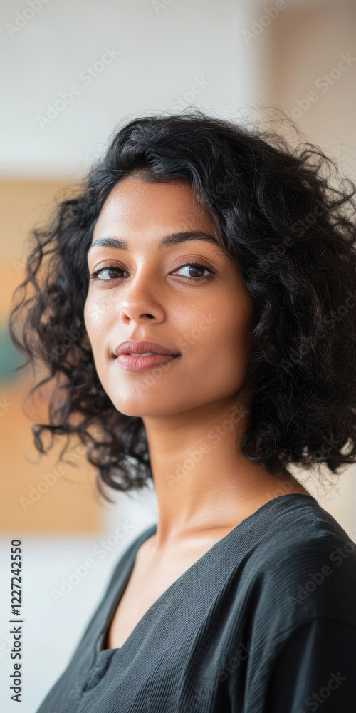 Confident Young Hispanic Female with Curly Hair Smiling Indoors Confident Young Hispanic Female with Curly Hair Smiling Indoors