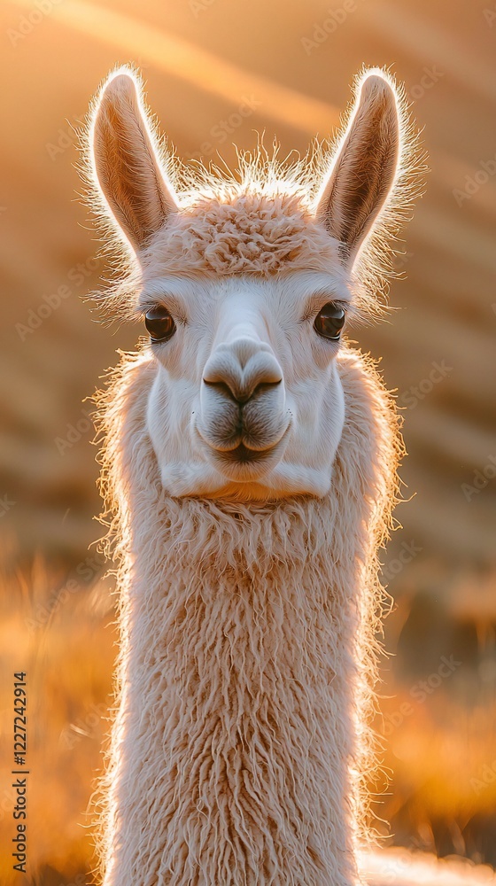 Obraz premium HD Phone Wallpaper Majestic Alpaca Portrait in Golden Sunset Light Fluffy Soft Fur Andean Animal