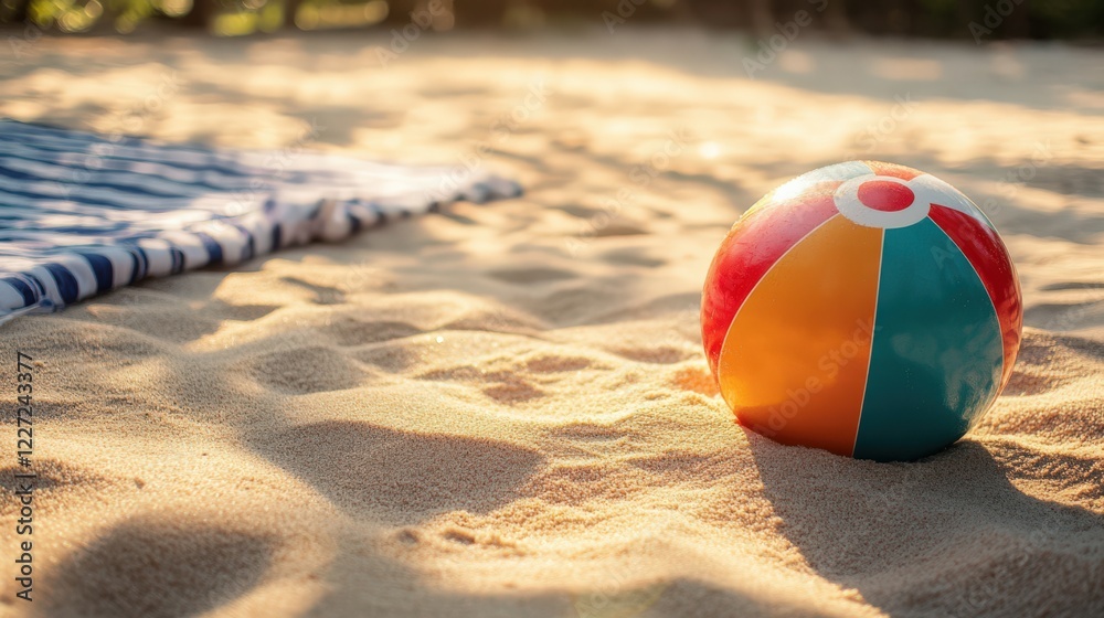 A beach ball is sitting on the sand next to a blue and white beach towel A beach ball is sitting on the sand next to a blue and white beach towel