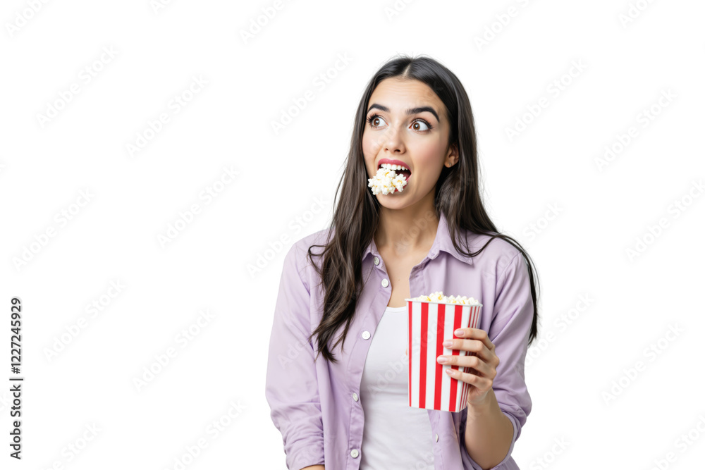 Woman in casual attire eating popcorn with a surprised expression, holding a red and white striped bucket. Isolated on a white background. Concept of snacks and fun. Ai generative Woman in casual attire eating popcorn with a surprised expression, holding a red and white striped bucket. Isolated on a white background. Concept of snacks and fun. Ai generative