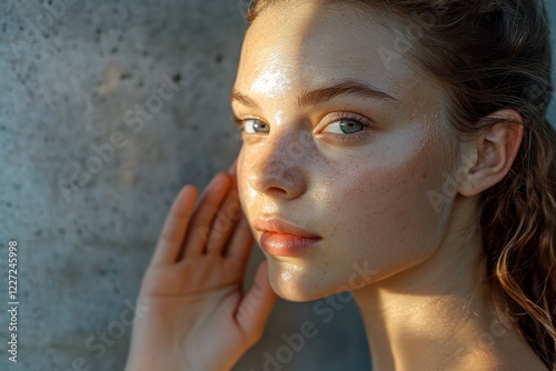 Closeup portrait of a young woman with freckles and sunkissed skin, highlighted by sunlight. photo