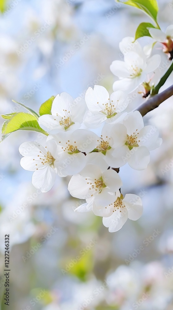 Fototapeta premium A close up of a white flower with green leaves. The flower is in full bloom and the leaves are lush and green. Concept of freshness and newness, as the flower is in the midst of its growth