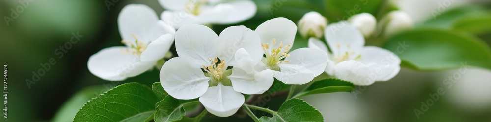 A close up of a white flower with green leaves. The flower is in full bloom and has a delicate appearance A close up of a white flower with green leaves. The flower is in full bloom and has a delicate appearance