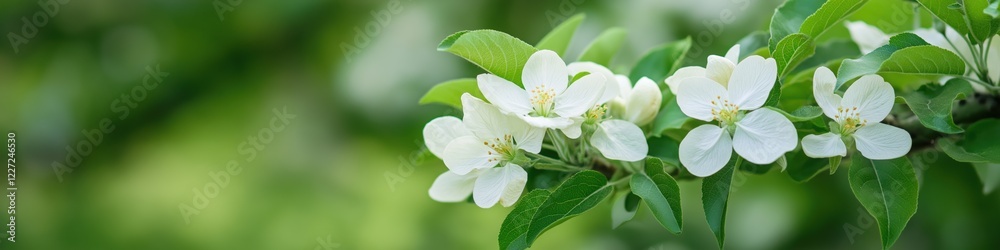 Obraz premium A close up of a tree with white flowers. The flowers are in full bloom and the tree is surrounded by green leaves. Concept of natural beauty and tranquility