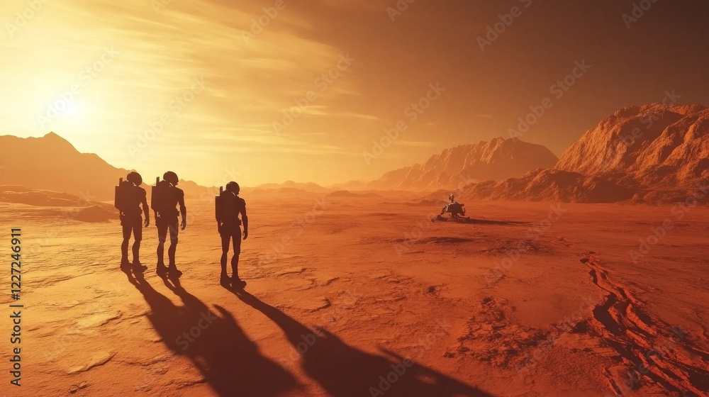 Obraz premium A humanoid robot exploration team on Mars, vast red landscape with distant mountains and rover tracks, Mars Exploration style