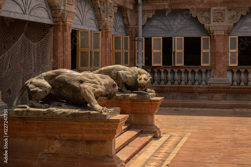 Mysore, Karnataka, India - APRIL 19, 2019: Mysuru palace Beautiful decoated interior ceiling and pillars of the Ambavilasa Hall, inside the royal Mysore Palace. and dasara elephants, Temples photo