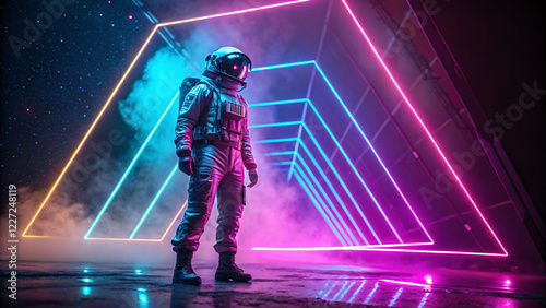 Astronaut surrounded by flashing neon lights. Retro 80s style synthwave background.	