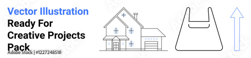 Line art of a suburban house, a shopping bag, and an upward arrow. Ideal for real estate, retail, e-commerce, growth, eco-friendly concepts home improvement and sustainability themes. Perfect