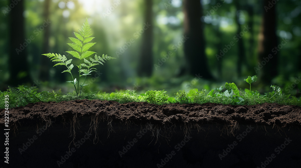 A thriving woodland with diverse plant life and a detailed cross-section of the earth showing fertile soil layers and deep tree roots, symbolizing sustainable practices. A thriving woodland with diverse plant life and a detailed cross-section of the earth showing fertile soil layers and deep tree roots, symbolizing sustainable practices.