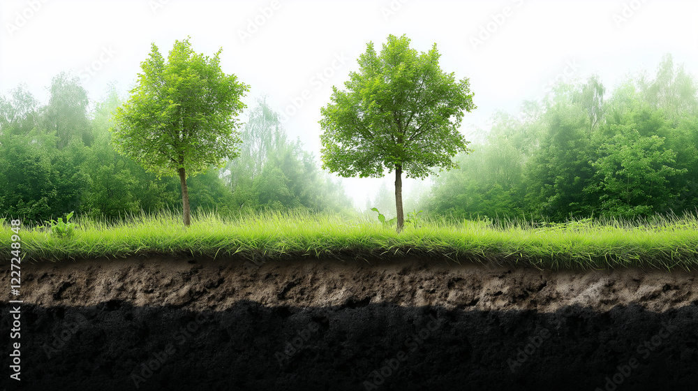 Obraz premium A panoramic view of a lush forest with clear soil layers visible in a small hillside cutout, illustrating the natural processes supporting tree growth.