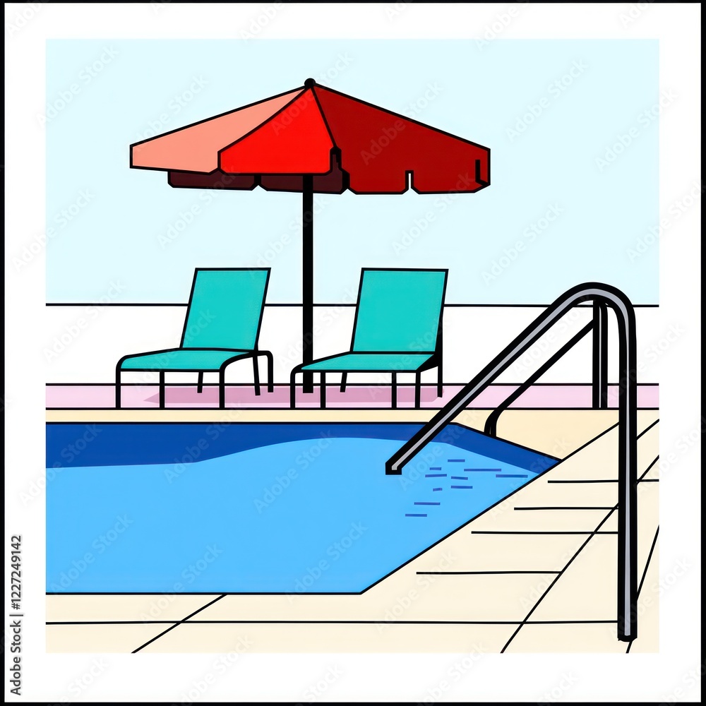 Fototapeta premium Poolside relaxation two lounge chairs under a beach umbrella, summer vacation