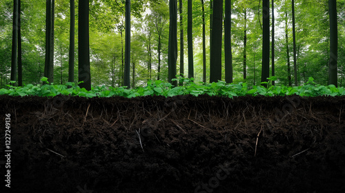 A thriving forest with a section of soil cut away, exposing layers of humus, clay, and roots, symbolizing the foundation of sustainable forestry. photo