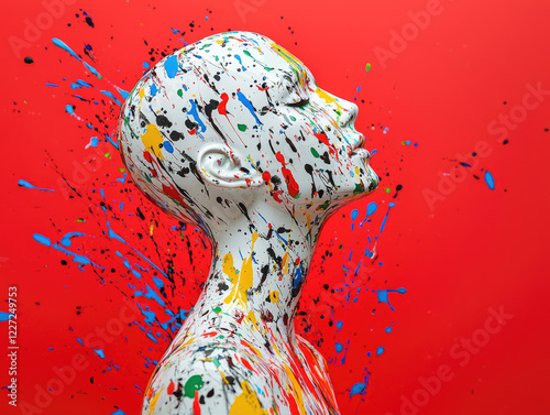 Abstract Expression: A vibrant burst of colorful paint explodes from a mannequin, symbolizing creative energy and the freedom of artistic expression.