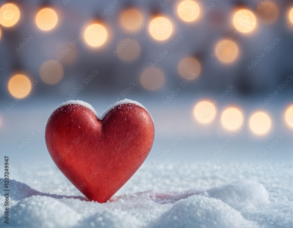 February 14 postcard, red heart on the snow among blurry lights, space for text, February 14 postcard, red heart on the snow among blurry lights, space for text,