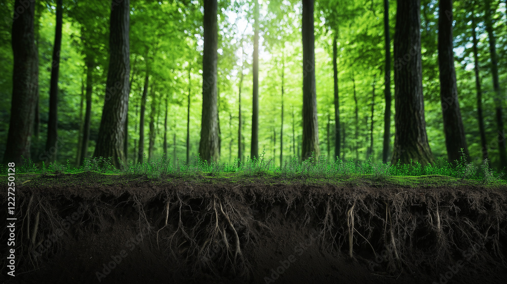 Obraz premium A serene forest with soft light illuminating the trees, and a visible section of soil layers teeming with roots and small organisms supporting the ecosystem.
